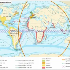 Mapa świata z zaznaczonymi trasami wielkich odkryć geograficznych i obszarami odkrytymi przez różne narody.